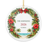 Supplier back mockup: tropical Christmas wreath with THE JOHNSONS, 2026 and FLORIDA.