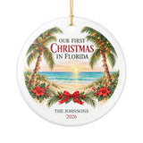 Supplier front mockup: white ceramic ornament with Florida beach, Christmas palms, family name and year.