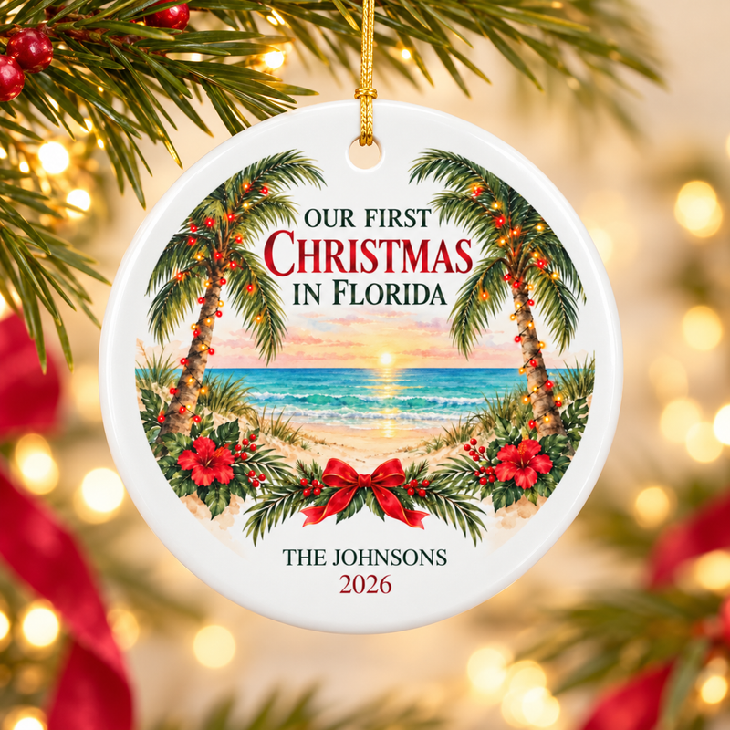 Personalized first Christmas in Florida ceramic ornament, styled mockup; THE JOHNSONS 2026 shown as example.