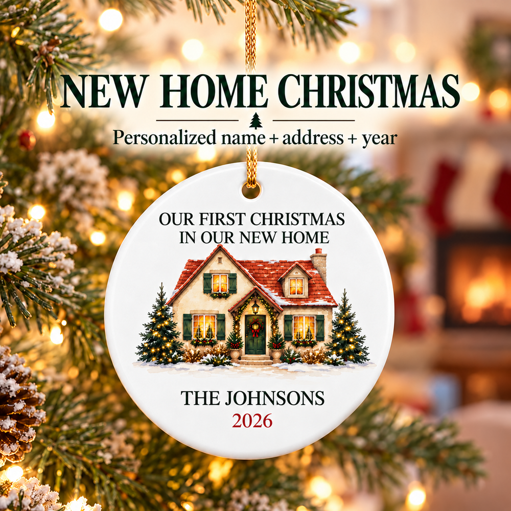 Personalized first Christmas in our new home ceramic ornament with family name and year
