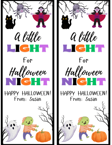 A Little Light for Halloween Night printable glow stick tags