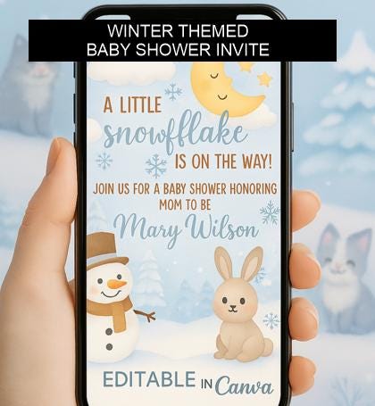 Winter Baby Shower Video Invitation: Snowflake & Snowman, Editable in Canva (Digital Download) — preview 1