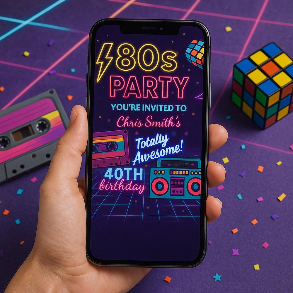 Neon 80s Party Invitation Template | Retro GenX Digital Invite (Canva, MP4) — preview 1