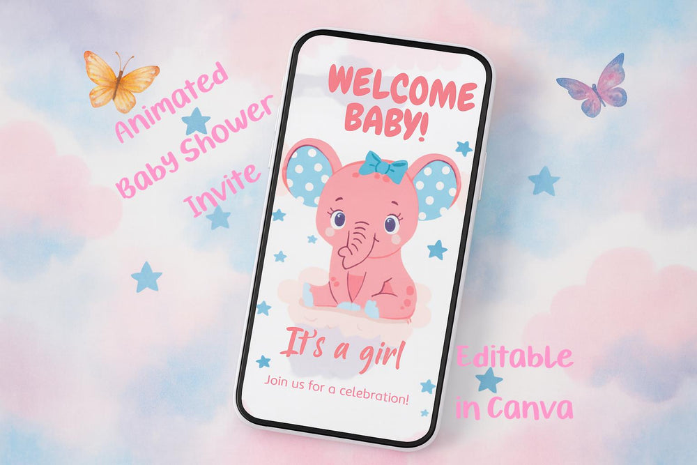 Pink Elephant Baby Shower Invitation: Animated Digital Download — preview 1