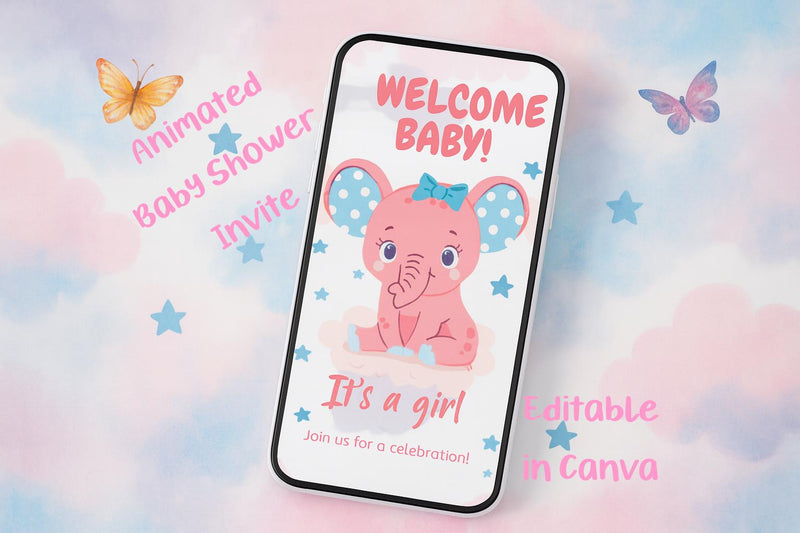 Pink Elephant Baby Shower Invitation: Animated Digital Download — preview 1