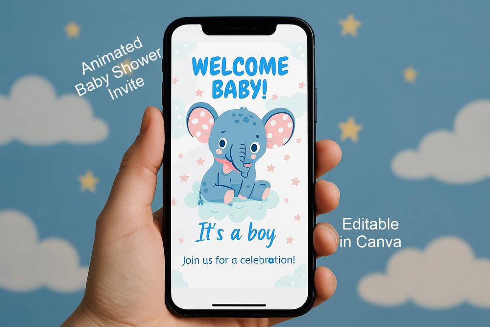Blue Elephant Baby Shower Invitation: Editable Animated Template (Digital Download) — preview 1