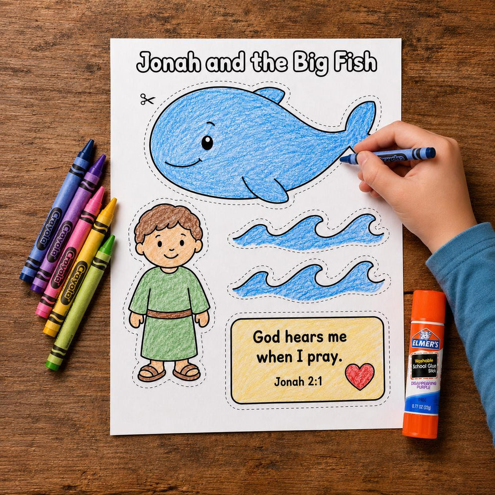 Jonah and the Big Fish Bible Craft Printable, Jonah 2:1 Sunday School Activity, God Hears Me When I Pray Kids Bible Craft, VBS Craft — preview 1