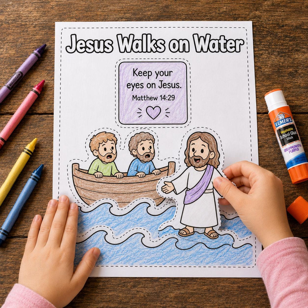 Jesus Walks on Water Coloring Craft for Kids | Christian Printable Sunday School Activity | Bible Lesson Cut and Color Worksheet — preview 1