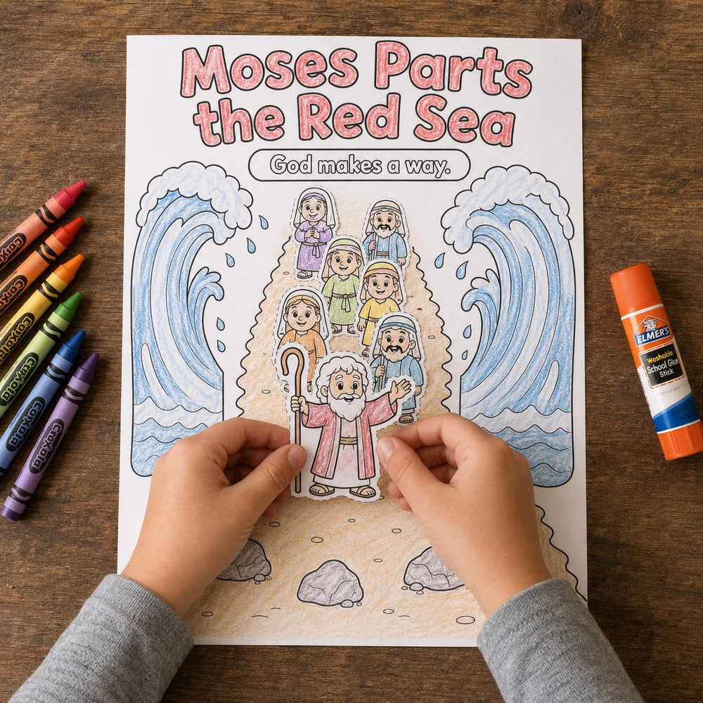 Moses Parts the Red Sea Craft Printable | Bible Story Activity for Kids | Sunday School Coloring Page | Christian Cut and Glue Craft — preview 1