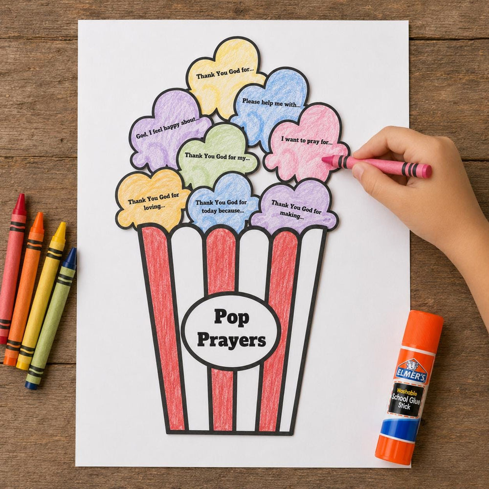 Prayer Popcorn Printable, Learn to Pray Activity, Christian Prayer Craft for Sunday School, Homeschool Bible Lesson, Kids Church Printable — preview 1