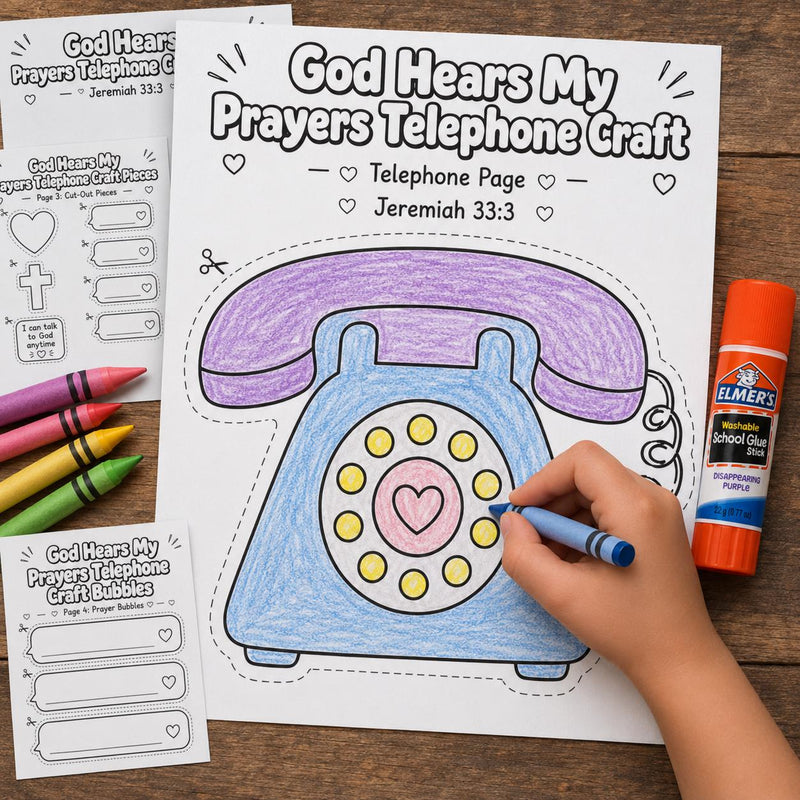 God Hears My Prayers Telephone Craft Printable | Prayer Bible Craft | Sunday School Activity | Christian Kids Cut and Paste Craft — preview 2