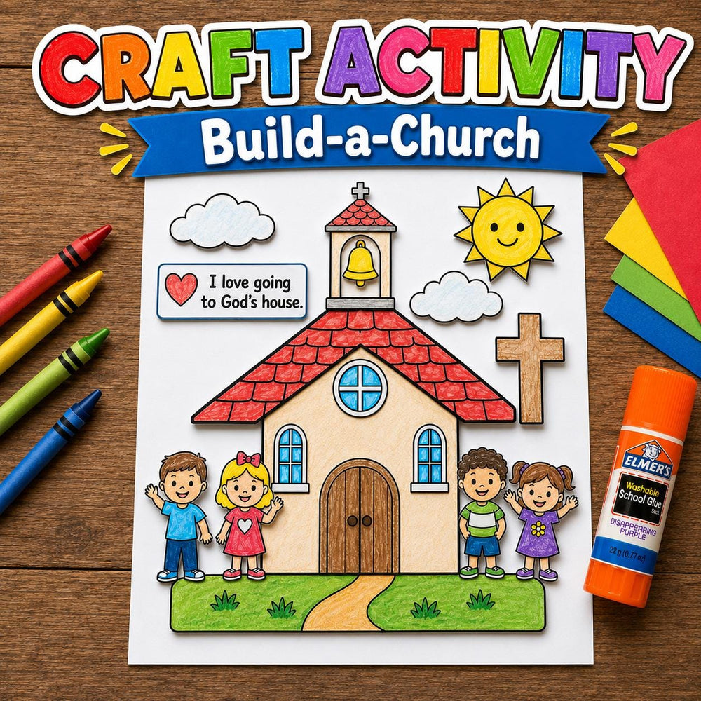 Build-a-Church Bible Craft Printable, Psalm 122:1 Sunday School Activity, Church Cut and Paste Craft, Christian Kids Craft, VBS Printable — preview 1