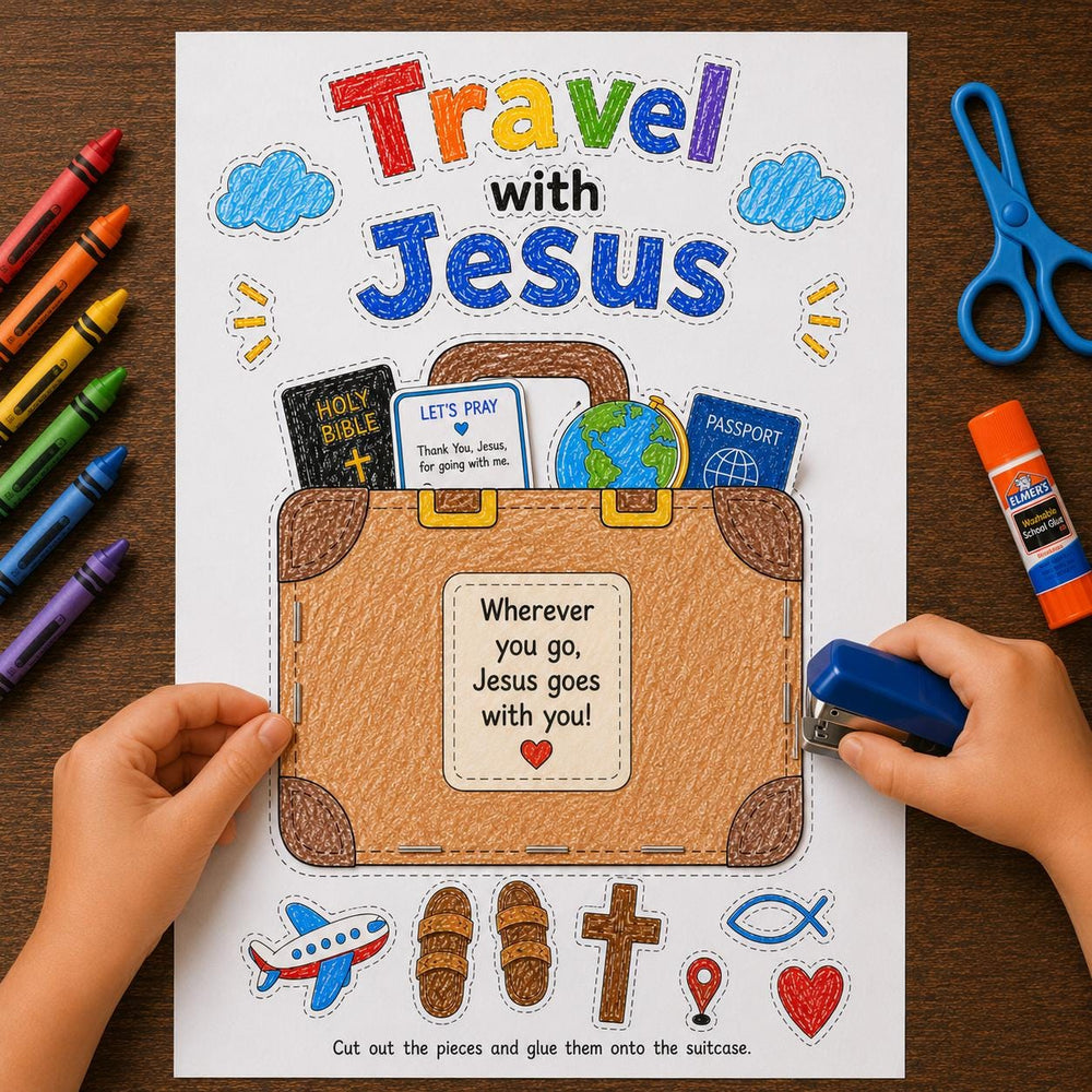 Travel With Jesus Suitcase Craft | Christian Travel Bible Craft | Sunday School Printable | VBS Activity | Cut and Glue Craft — preview 1