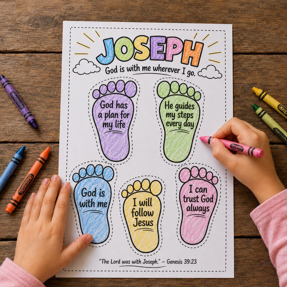 Walk by Faith Footprints Coloring Craft for Kids | Christian Printable Sunday School Activity | Bible Lesson Cut and Color Worksheet — preview 1