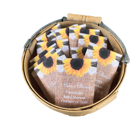 Baby Shower Seed Packets with Burlap and Lace and Large Sunflower - Favor Universe
