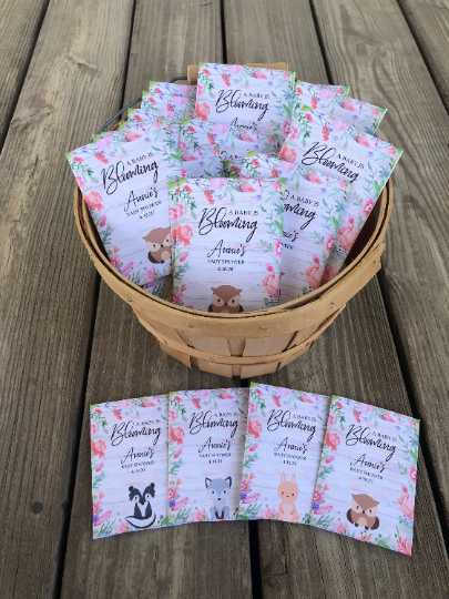 Custom Woodland creatures Baby Shower Seed Packets : Fox Bunny Owl and skunk  Mix
