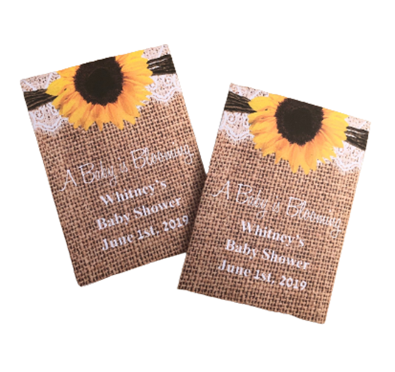 Baby Shower Seed Packets with Burlap and Lace and Large Sunflower - Favor Universe